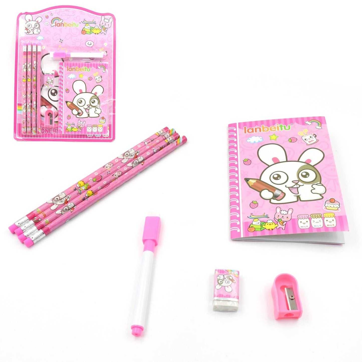Kids' Stationery Kit: Wooden Pencils, Sharpener, Eraser, Diary (8 Pc Set) - Gadgetspiremart
