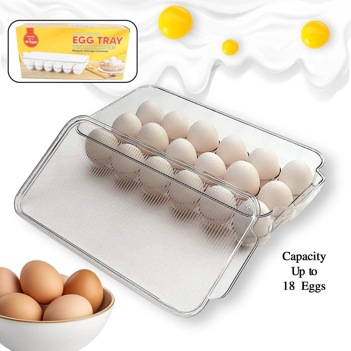 Plastic 18 Cavity Egg Storage Box Or Egg Trays For Refrigerator With Lid & Handles High Quality, Rectangular Egg Tray Box For 18 Egg (1 Pc) - Gadgetspiremart