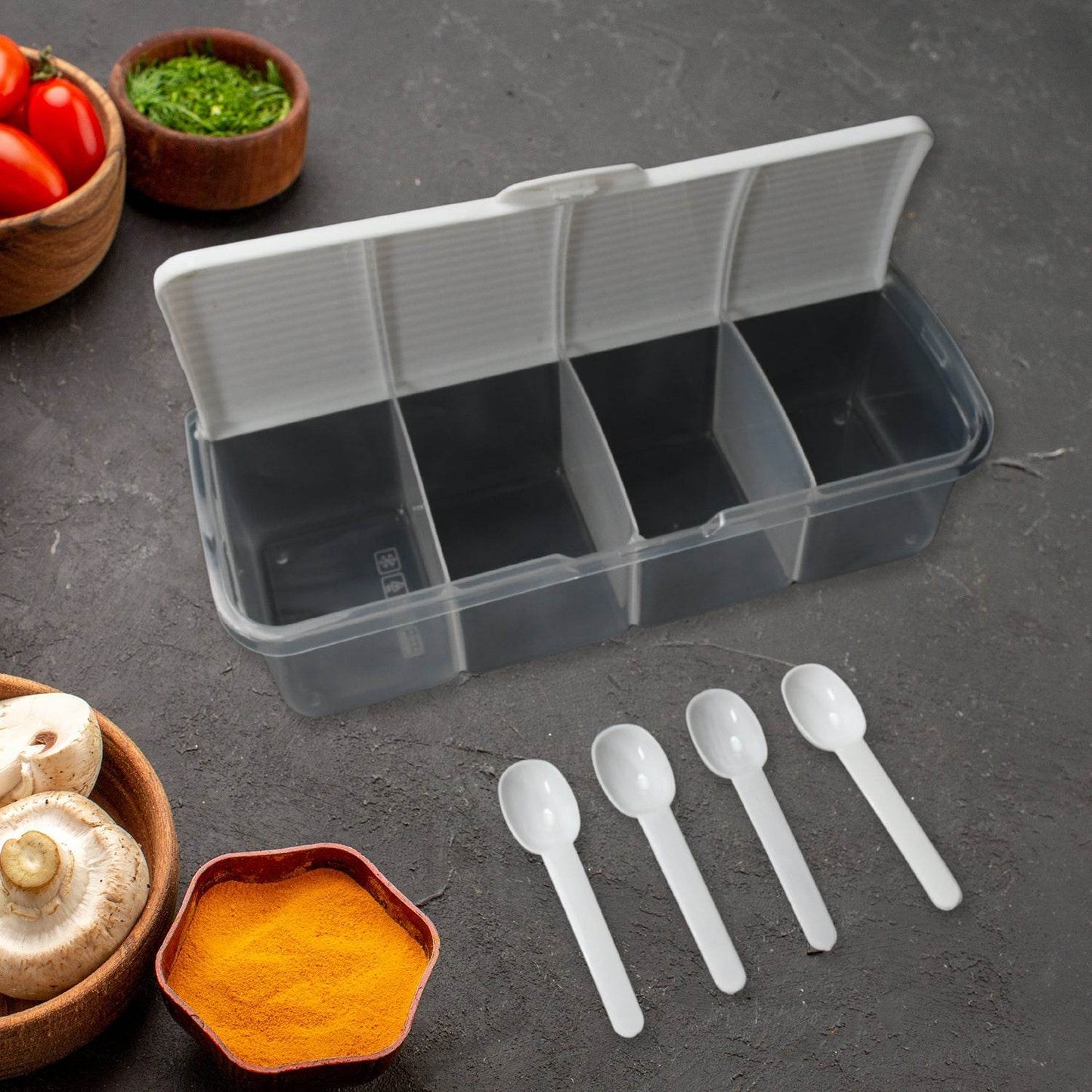 Kitchen Multipurpose Air-tight 4 Sections Storage Containers / Masala Box Pickle (Achar) Jar with 4 spoon for each section (1 Pc / Mix Color) - Gadgetspiremart