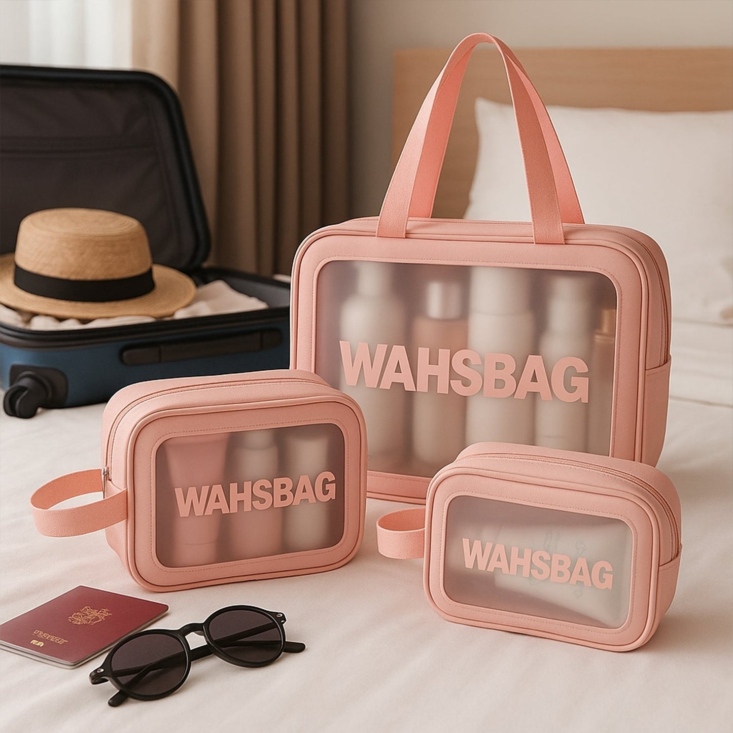 Cosmetic Pouch, Make up Bag for Home & Travel, Toiletry Bag for Cosmetics, Brushes, Accessories Set of 3 Small, Medium & Big - Wash Bag