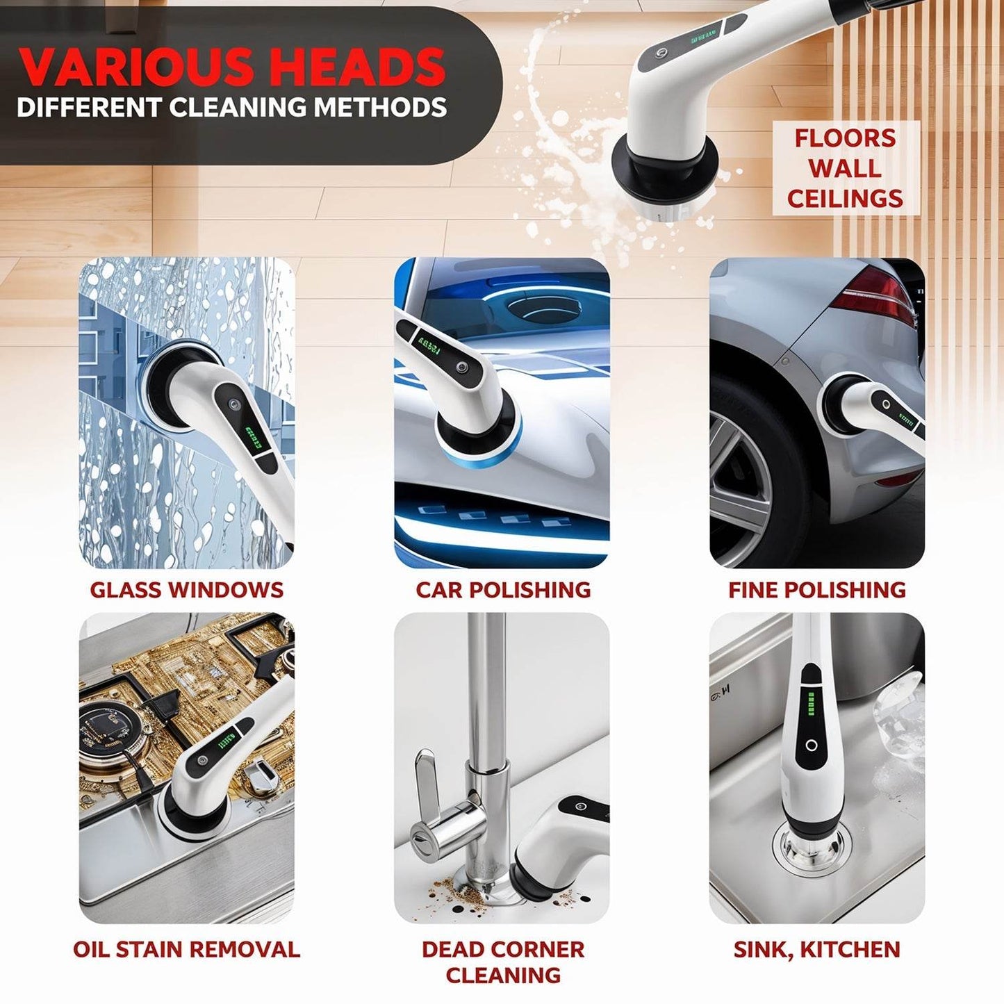 7-in-1 Electric Spin Scrubber Cleaning Brush with Extension Handle (1 Set) - Gadgetspiremart