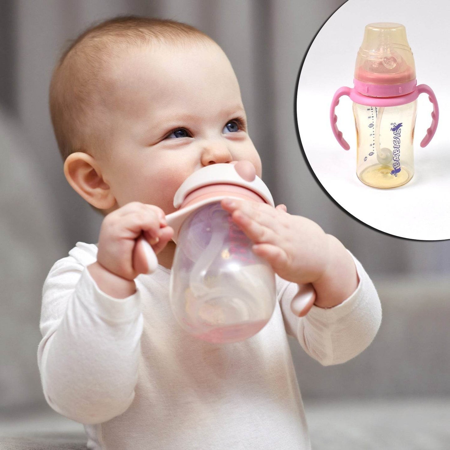 Plastic Baby Feeding Bottle with Handles & Straw (220 ML / 1 Pc) - Gadgetspiremart