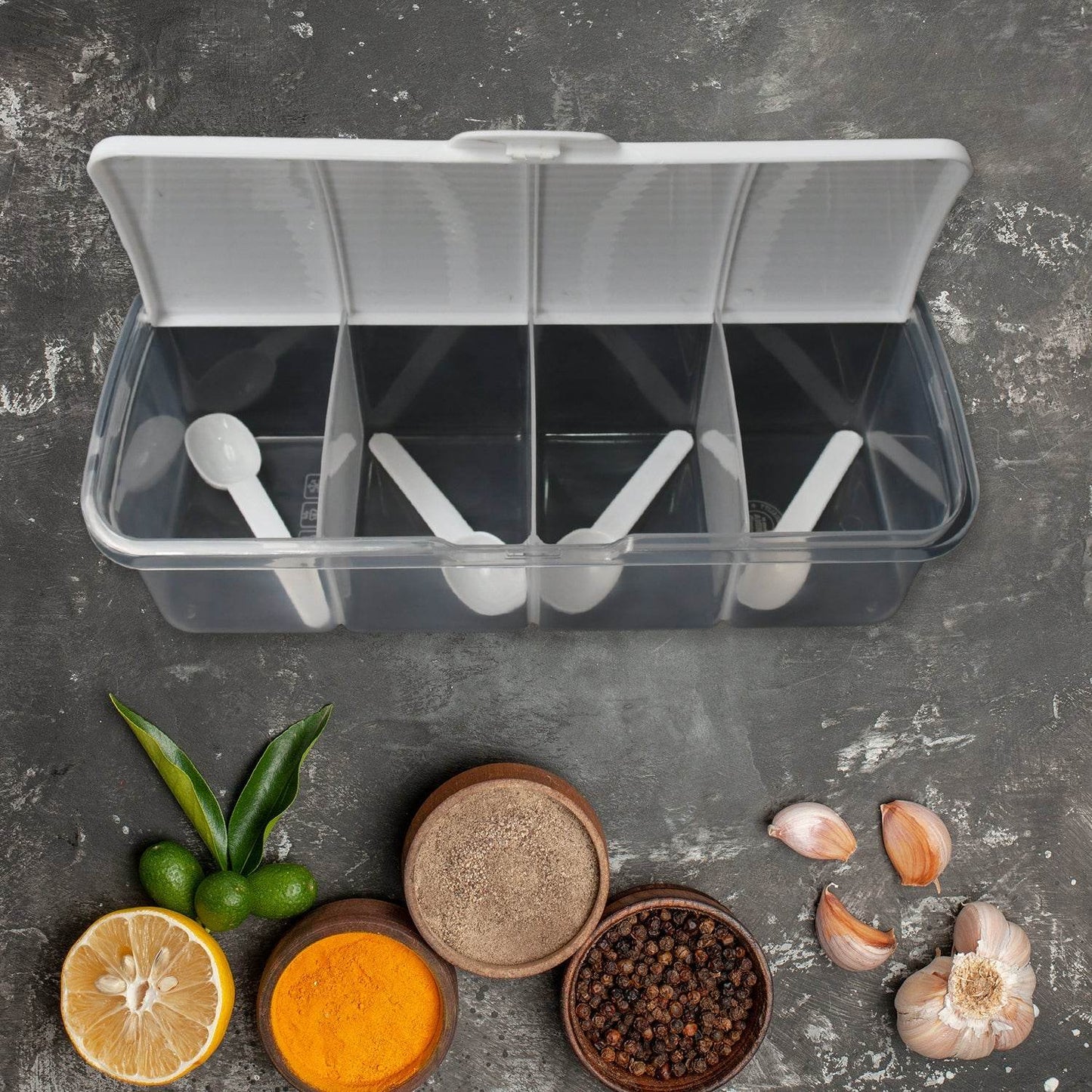 Kitchen Multipurpose Air-tight 4 Sections Storage Containers / Masala Box Pickle (Achar) Jar with 4 spoon for each section (1 Pc / Mix Color) - Gadgetspiremart