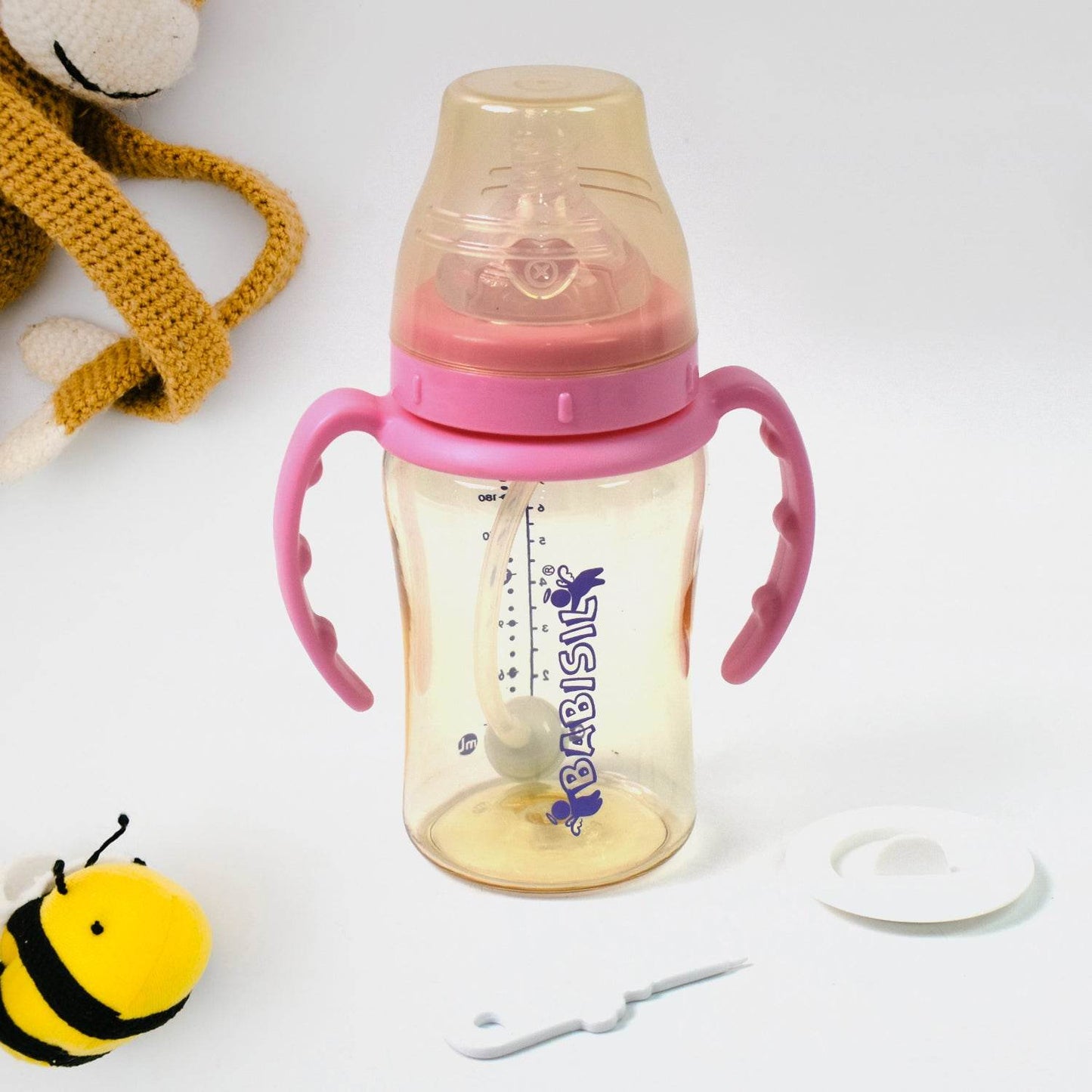 Plastic Baby Feeding Bottle with Handles & Straw (220 ML / 1 Pc) - Gadgetspiremart