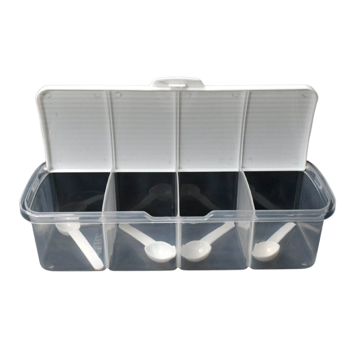 Kitchen Multipurpose Air-tight 4 Sections Storage Containers / Masala Box Pickle (Achar) Jar with 4 spoon for each section (1 Pc / Mix Color) - Gadgetspiremart