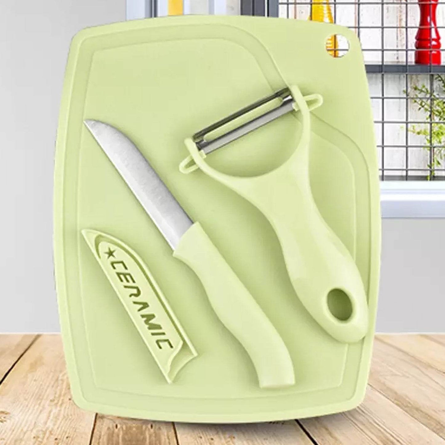 Plastic Kitchen Peeler - Green & Classic Stainless Steel 3-Piece Knife Set Combo - Gadgetspiremart