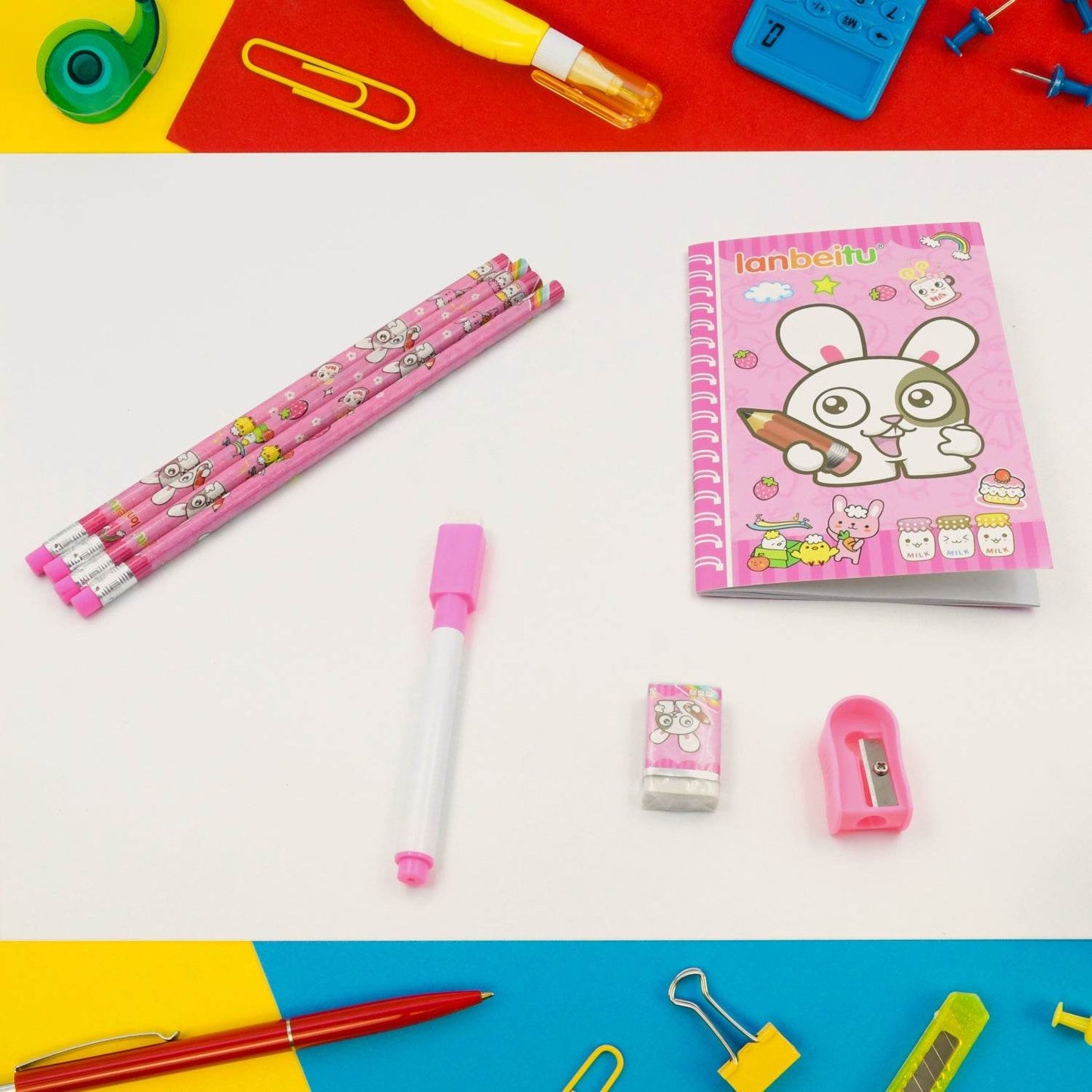 Kids' Stationery Kit: Wooden Pencils, Sharpener, Eraser, Diary (8 Pc Set) - Gadgetspiremart