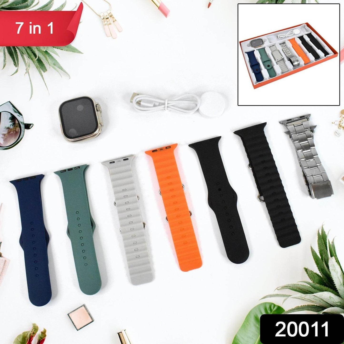 7 in 1 Ultra Smart watch Combo with Seven Classic Straps & Transparent Screen Guard (1 Set / Mix Color) - Gadgetspiremart