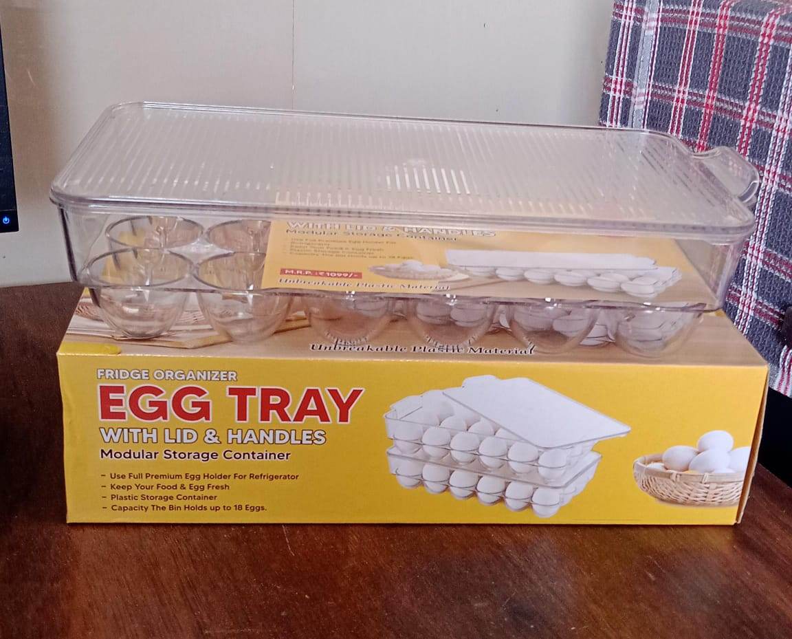 Plastic 18 Cavity Egg Storage Box Or Egg Trays For Refrigerator With Lid & Handles High Quality, Rectangular Egg Tray Box For 18 Egg (1 Pc) - Gadgetspiremart