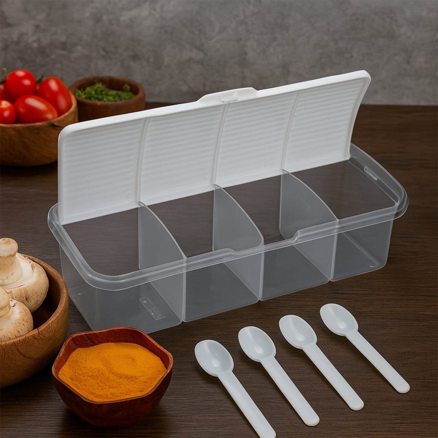 Kitchen Multipurpose Air-tight 4 Sections Storage Containers / Masala Box Pickle (Achar) Jar with 4 spoon for each section (1 Pc / Mix Color) - Gadgetspiremart