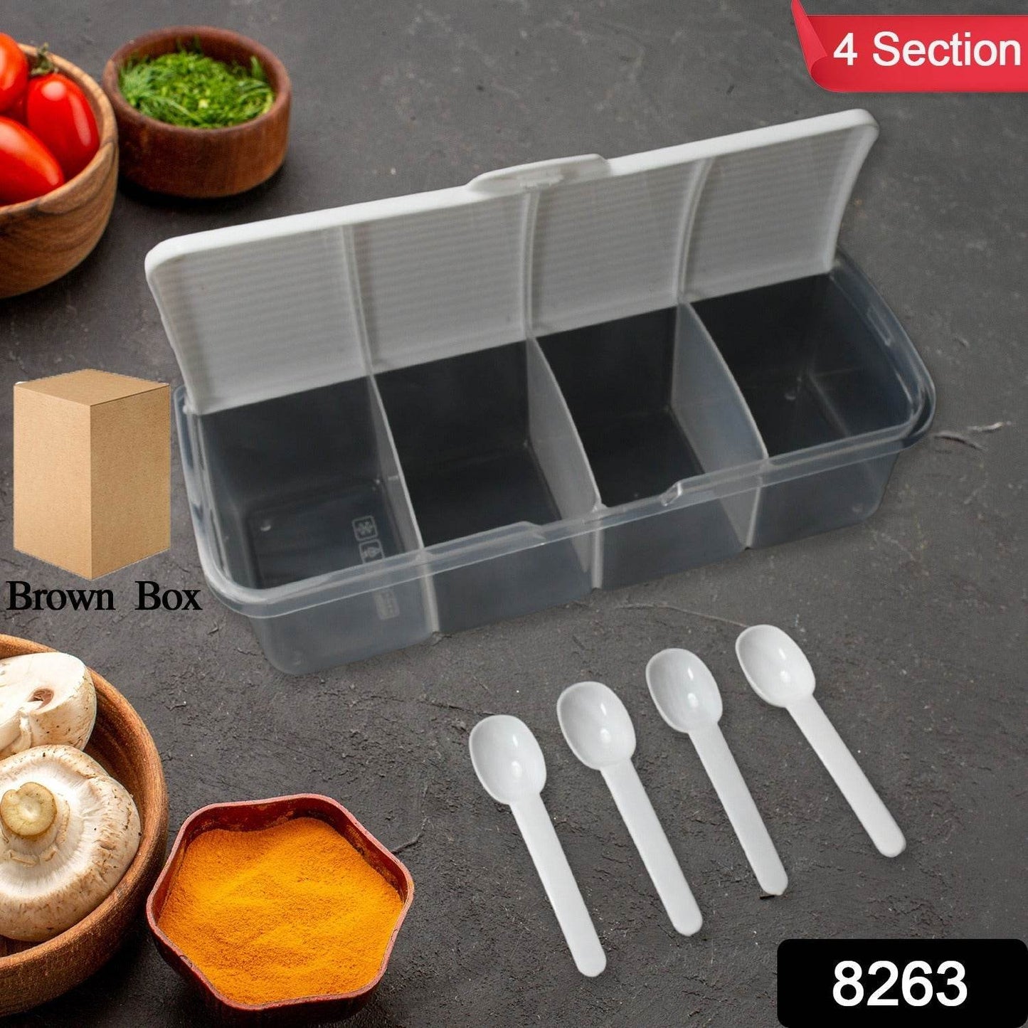 Kitchen Multipurpose Air-tight 4 Sections Storage Containers / Masala Box Pickle (Achar) Jar with 4 spoon for each section (1 Pc / Mix Color) - Gadgetspiremart