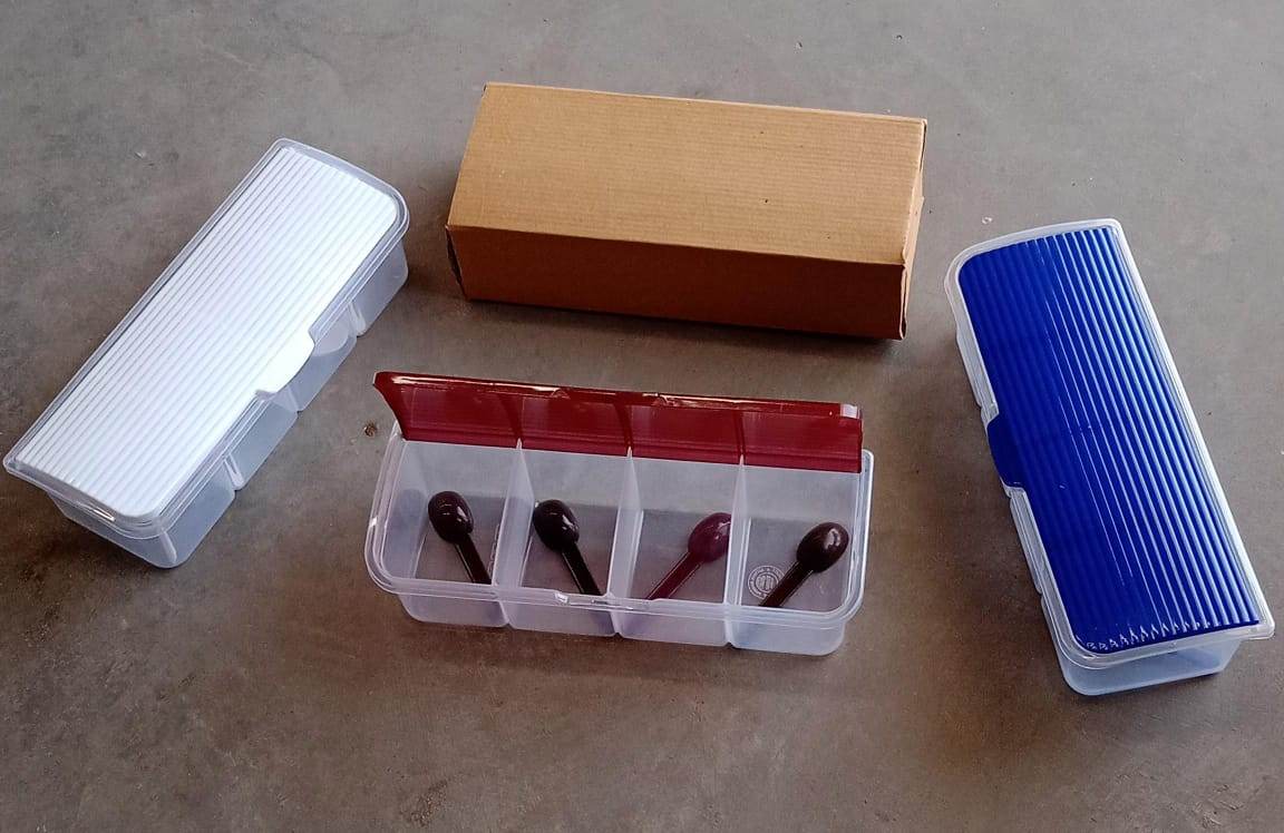 Kitchen Multipurpose Air-tight 4 Sections Storage Containers / Masala Box Pickle (Achar) Jar with 4 spoon for each section (1 Pc / Mix Color) - Gadgetspiremart