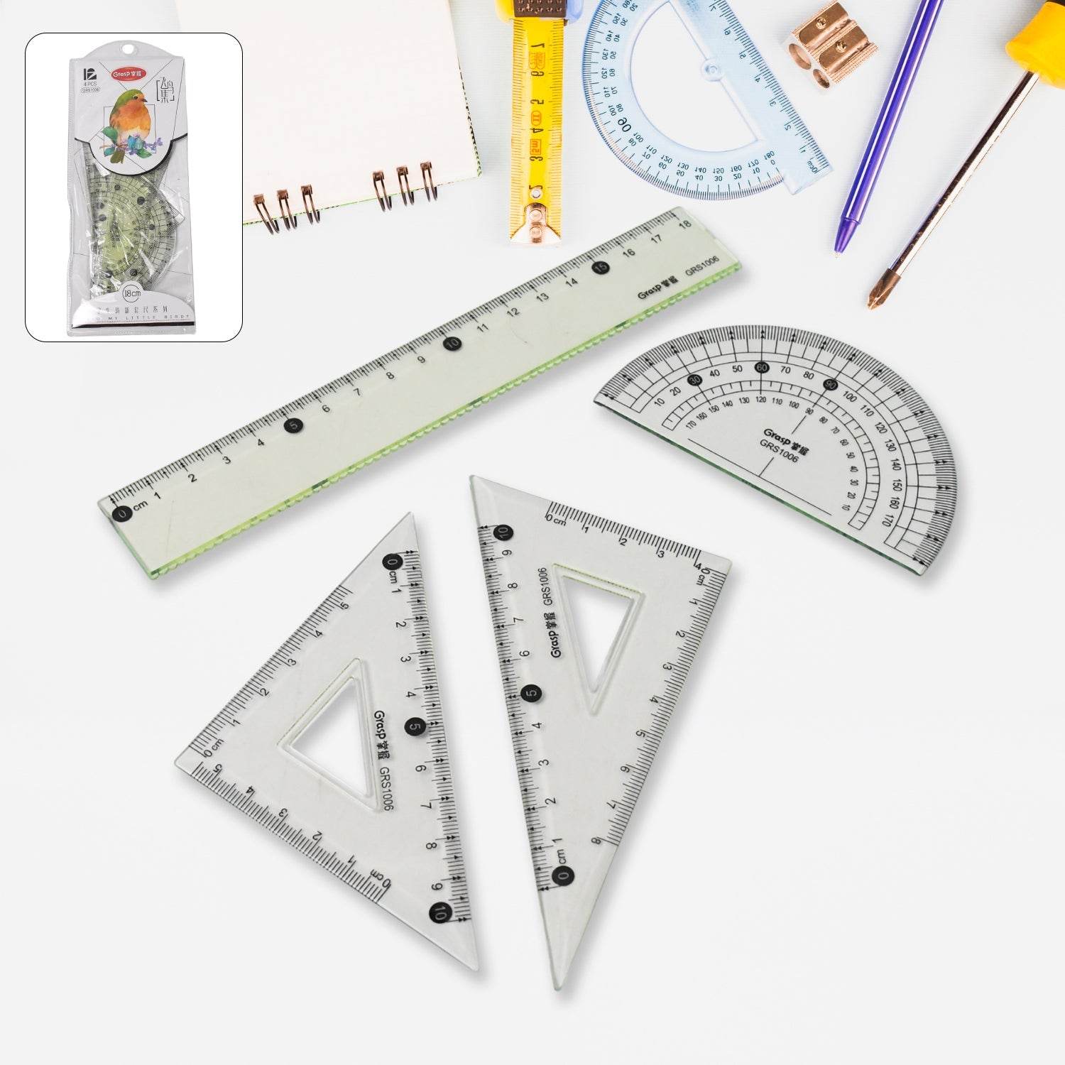 4-Piece Geometry Set, Triangle Ruler Protractor Straight Ruler - Gadgetspiremart