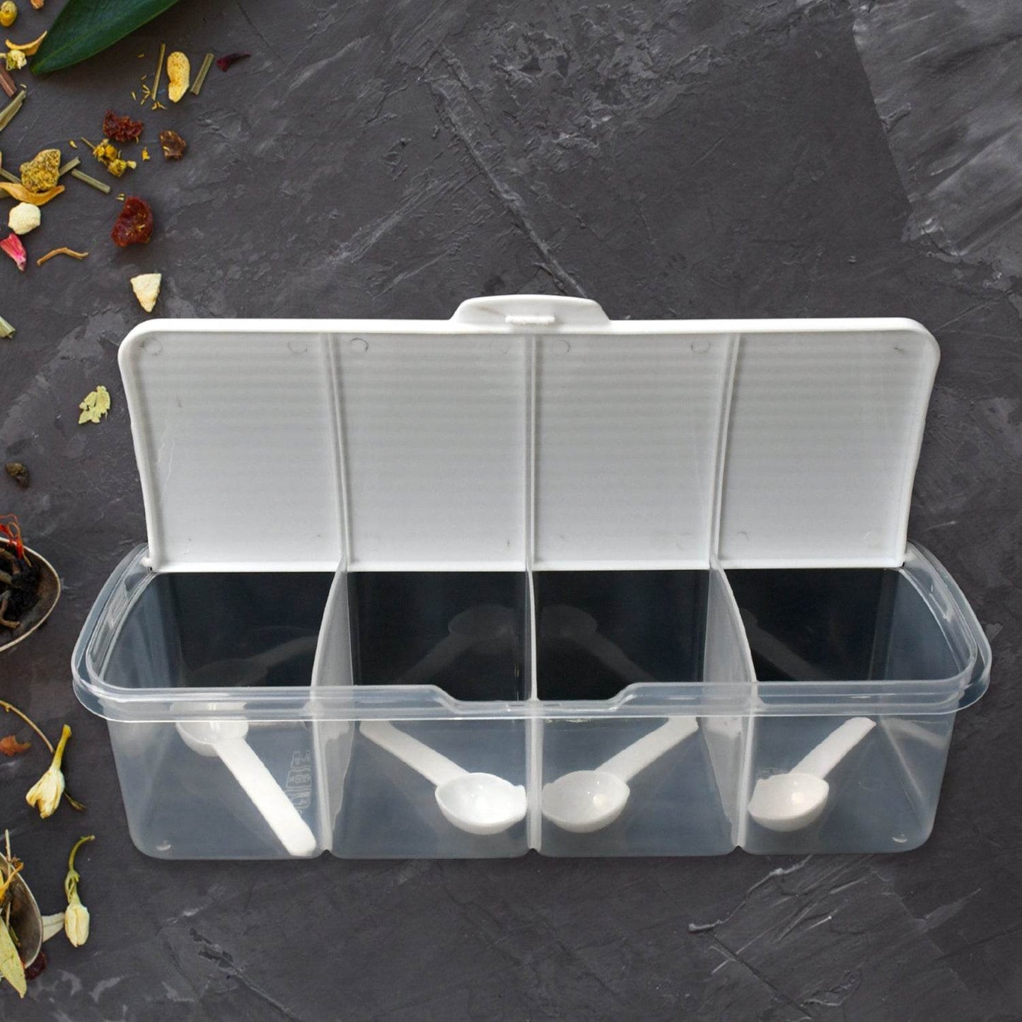 Kitchen Multipurpose Air-tight 4 Sections Storage Containers / Masala Box Pickle (Achar) Jar with 4 spoon for each section (1 Pc / Mix Color) - Gadgetspiremart