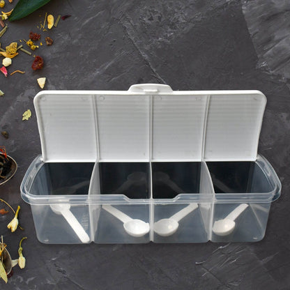 Kitchen Multipurpose Air-tight 4 Sections Storage Containers / Masala Box Pickle (Achar) Jar with 4 spoon for each section (1 Pc / Mix Color) - Gadgetspiremart