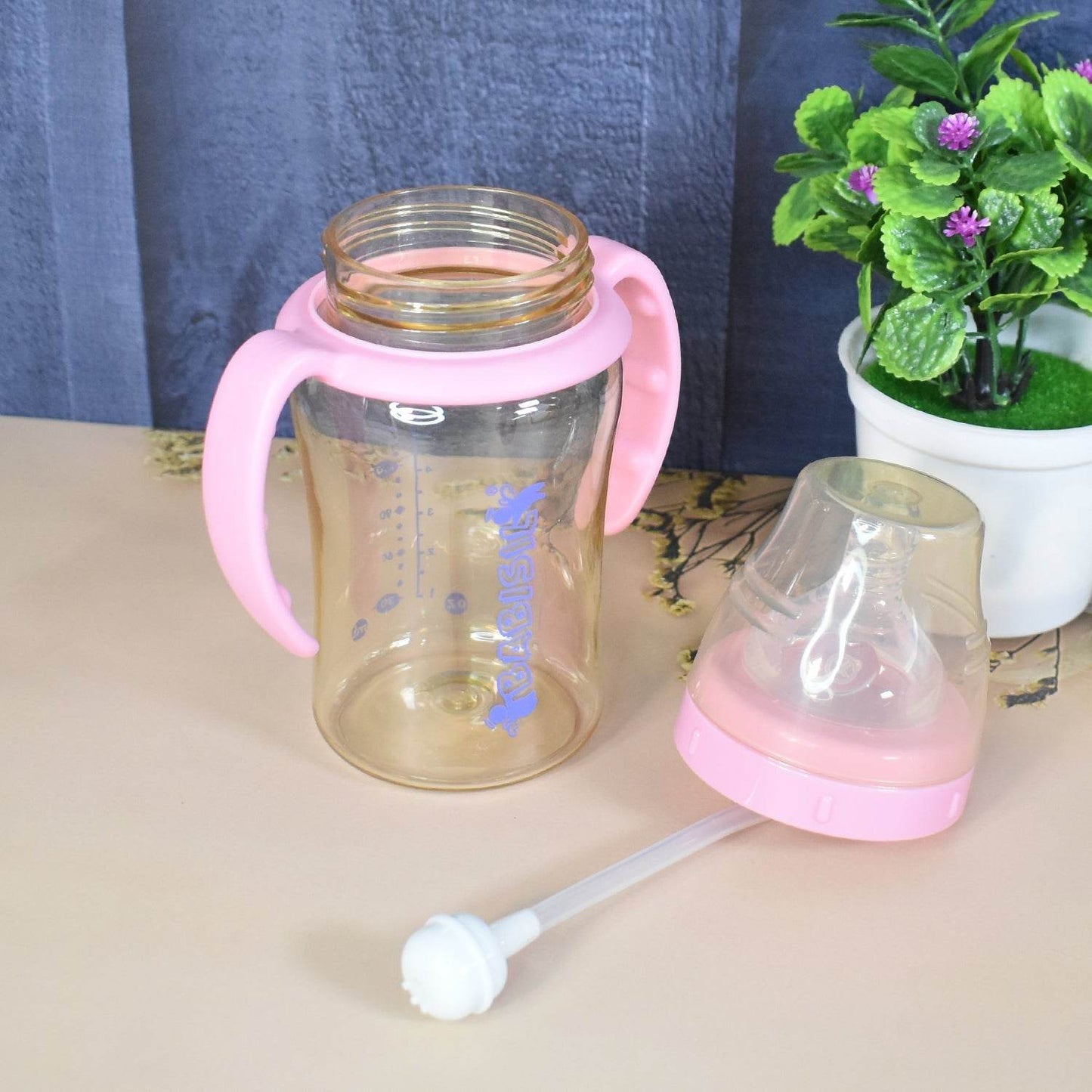 Plastic Baby Feeding Bottle with Handles & Straw (220 ML / 1 Pc) - Gadgetspiremart