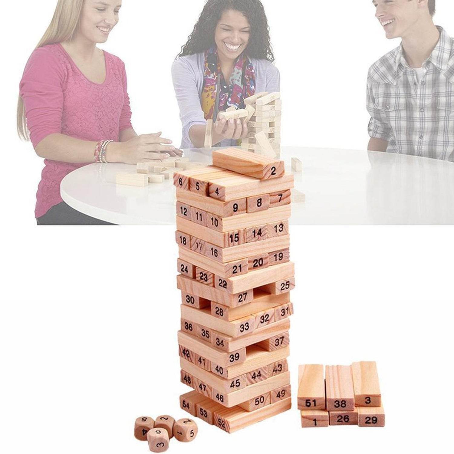 54 Pcs Blocks 4 Dices Wooden Tumbling Stacking Building - Gadgetspiremart