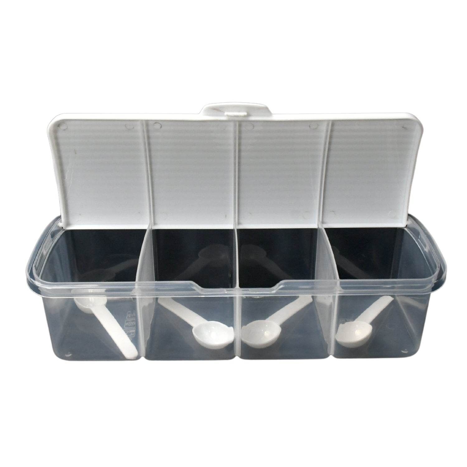 Kitchen Multipurpose Air-tight 4 Sections Storage Containers / Masala Box Pickle (Achar) Jar with 4 spoon for each section (1 Pc / Mix Color) - Gadgetspiremart