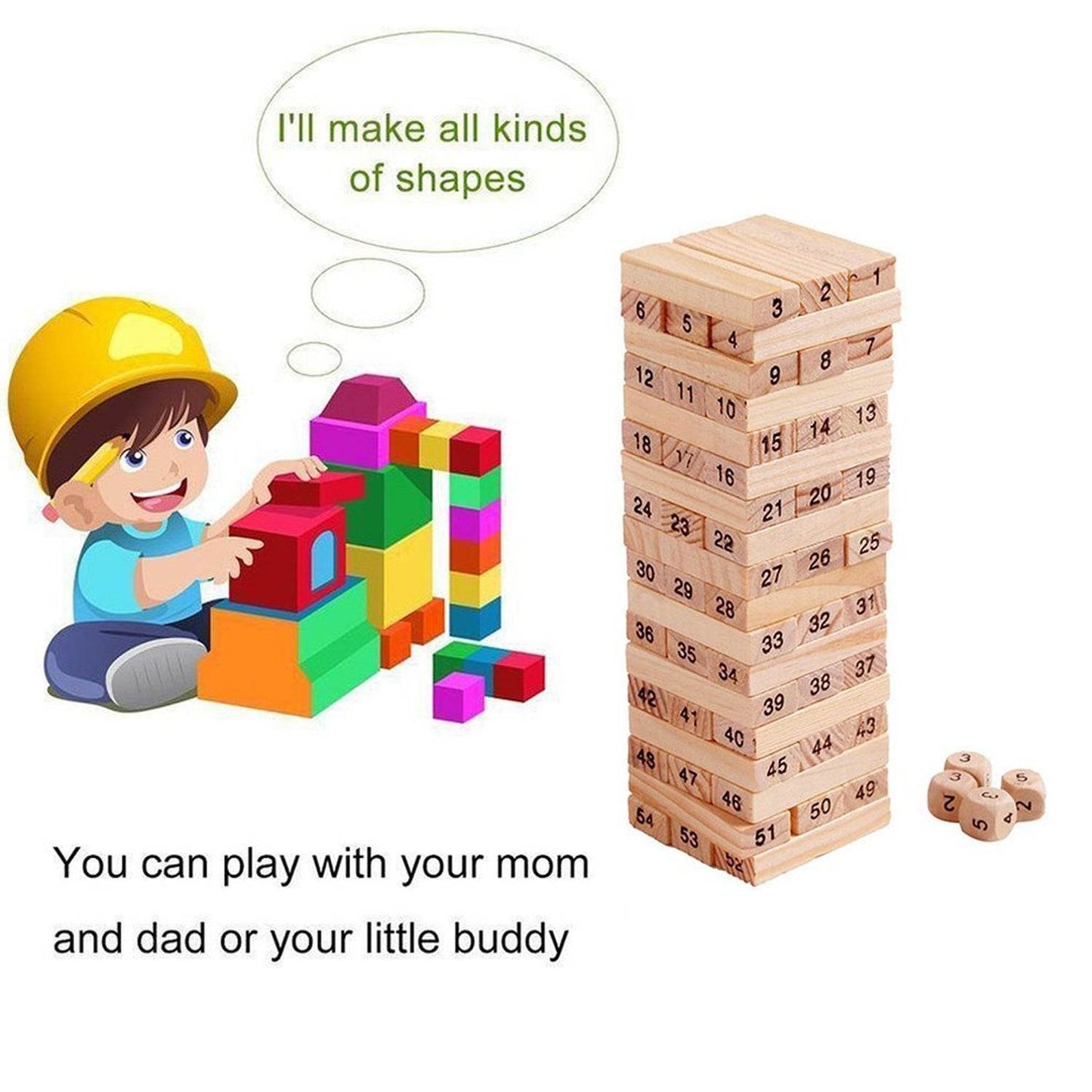 54 Pcs Blocks 4 Dices Wooden Tumbling Stacking Building - Gadgetspiremart