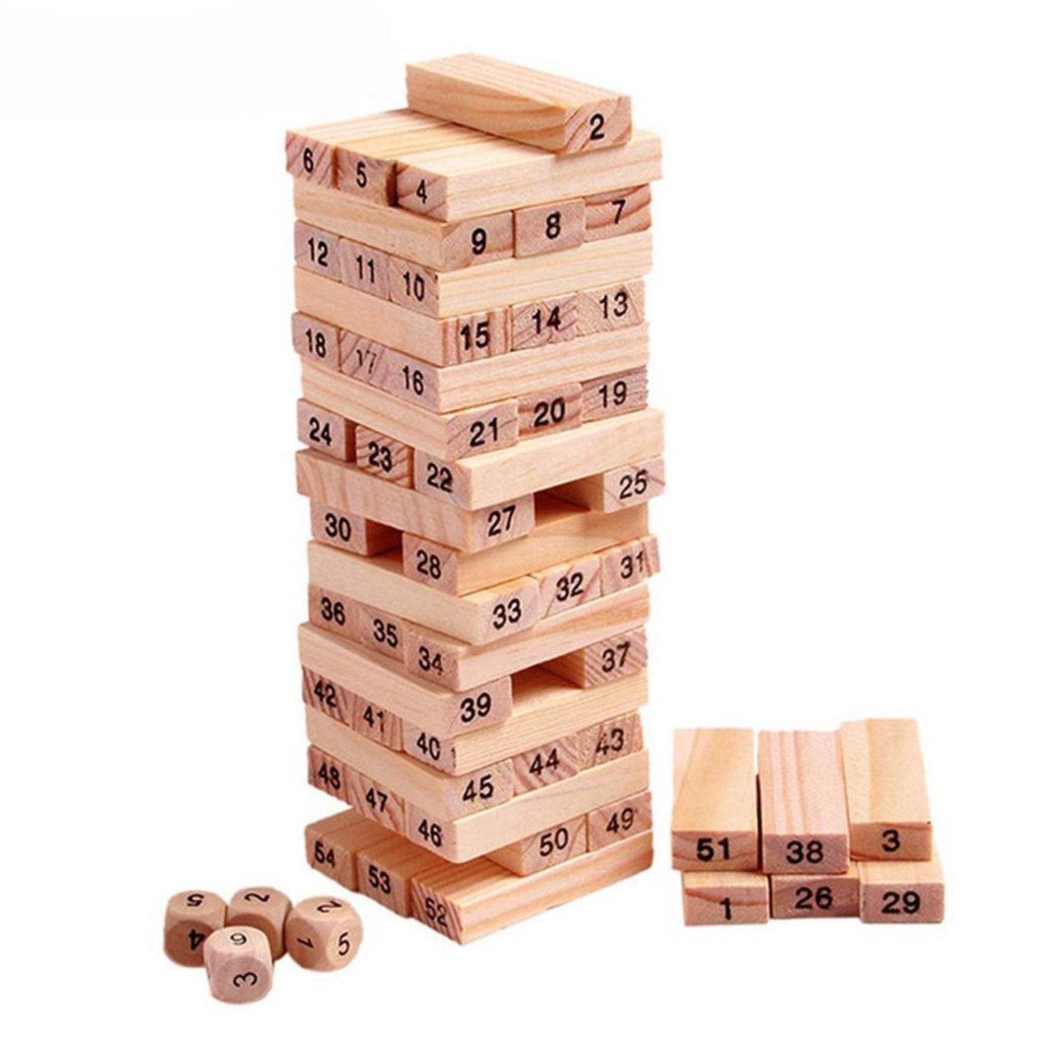 54 Pcs Blocks 4 Dices Wooden Tumbling Stacking Building - Gadgetspiremart