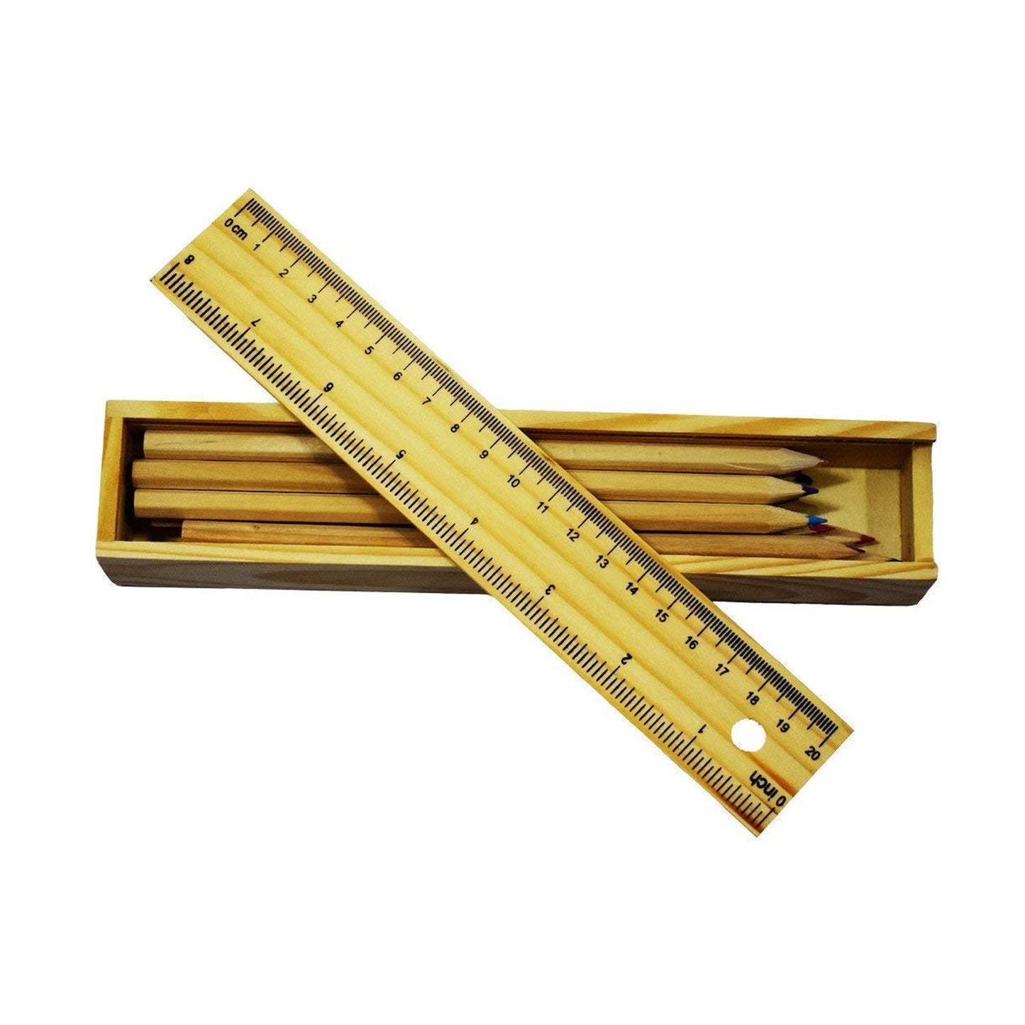 Colorful Wooden Pencil Set with Pencil box, Ruler, Sharpener (12 Pcs Set)