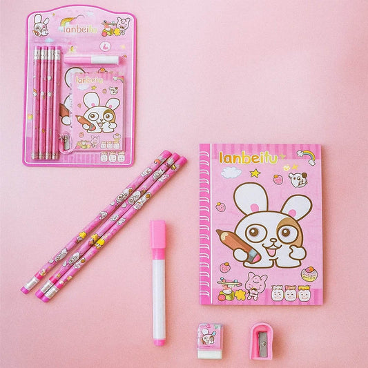 Kids' Stationery Kit: Wooden Pencils, Sharpener, Eraser, Diary (8 Pc Set) - Gadgetspiremart