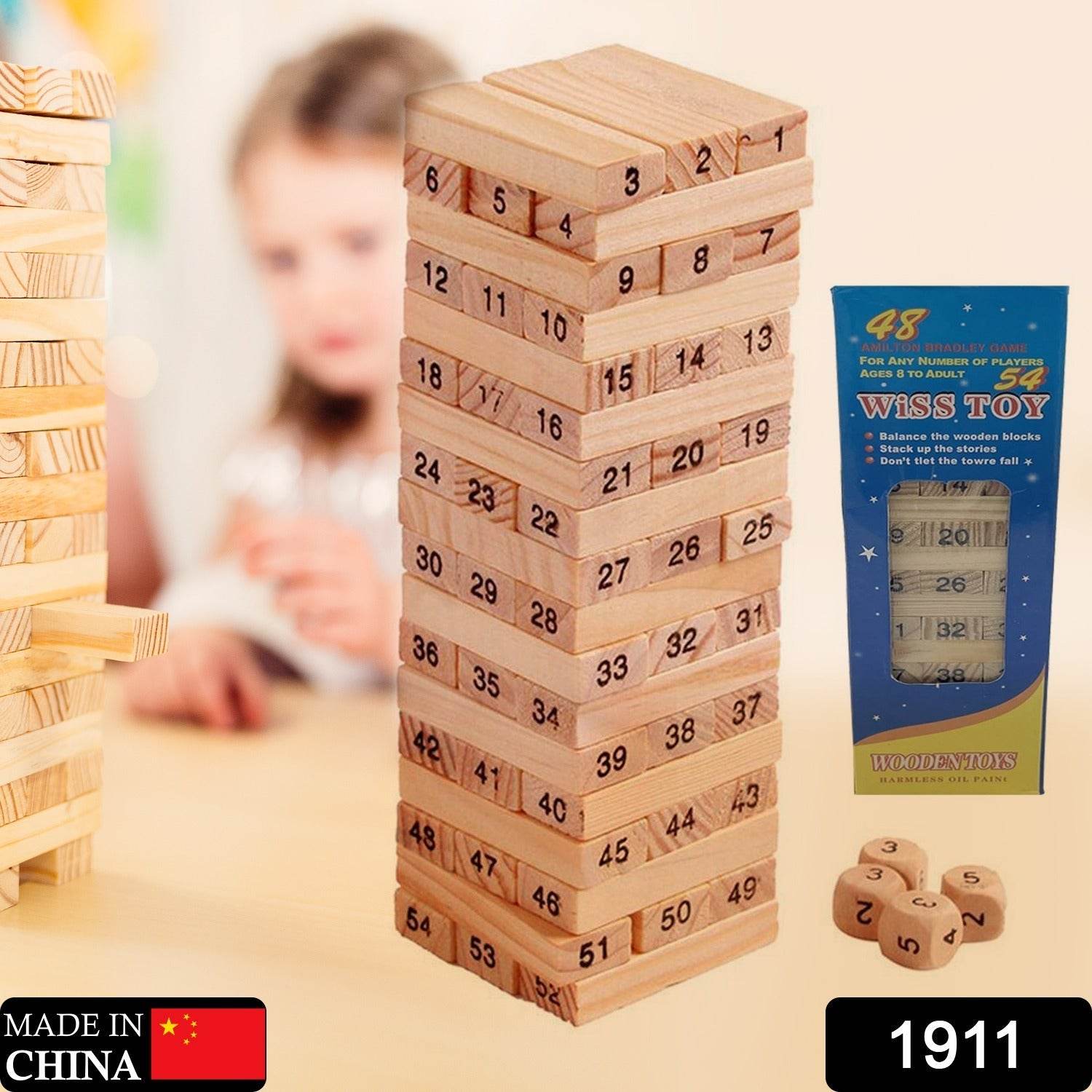 54 Pcs Blocks 4 Dices Wooden Tumbling Stacking Building - Gadgetspiremart