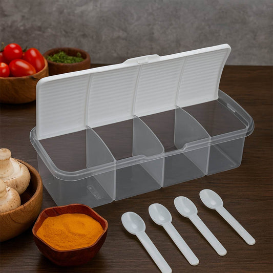 Kitchen Multipurpose Air-tight 4 Sections Storage Containers / Masala Box Pickle (Achar) Jar with 4 spoon for each section (1 Pc / Mix Color) - Gadgetspiremart